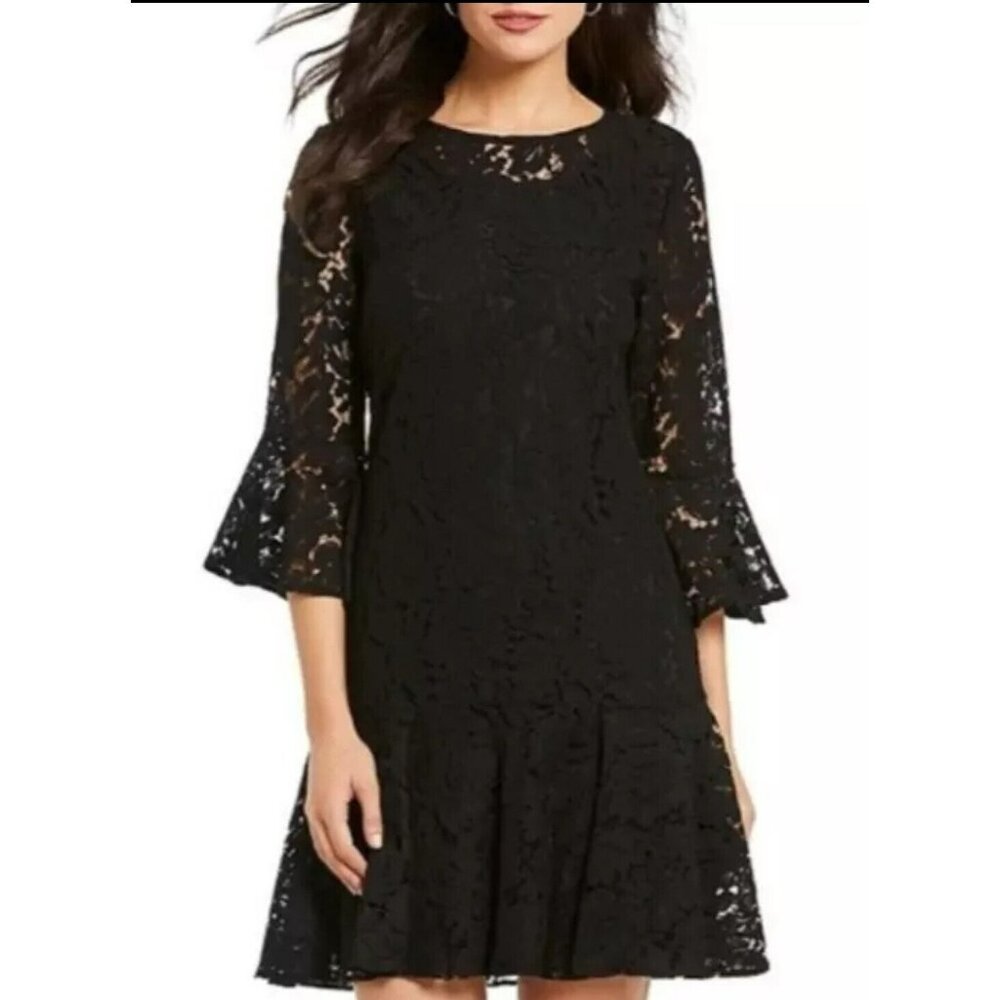 Isaac Mizrahi Black Lace Dress Bell Sleeve Sz Large Whimsigoth Vampire Goth